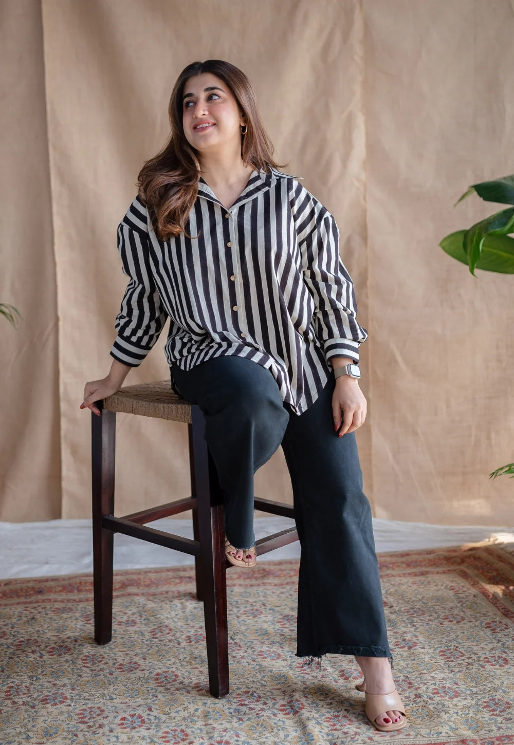Lila Black and White Striped Cotton Shirt