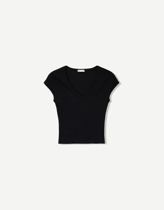 Fiorayne Woman Black Cotton V‑Neck T‑Shirt – Short Sleeve Slim Fit