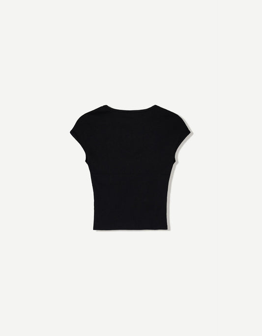 Fiorayne Woman Black Cotton V‑Neck T‑Shirt – Short Sleeve Slim Fit