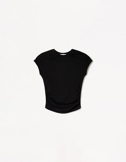 Fiorayne Woman Black Side-Gathered T-Shirt – Crewneck neckline cut