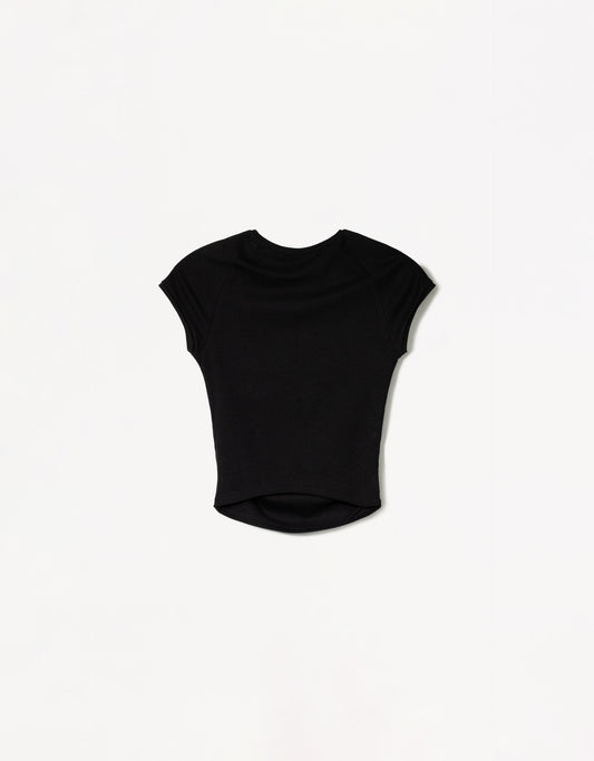 Fiorayne Woman Black Side-Gathered T-Shirt – Crewneck neckline cut